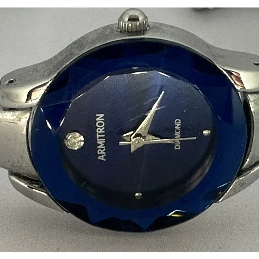 Armitron Diamond Watch Women 23mm‎ Silver Tone Blue Dial Faceted New Batt 7